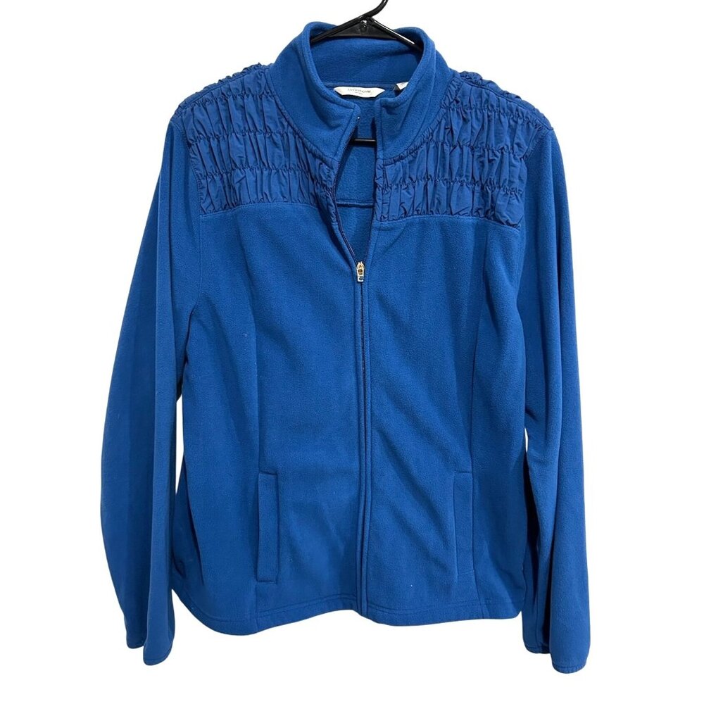 Liz Claiborne New York Womens Blue Fleece Full Zip Jacket Ruched Shoulder Sz XL